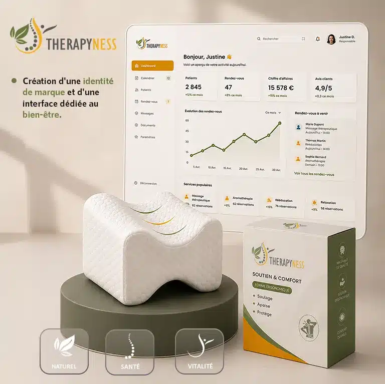 Projet Therapyness – Concept graphique d'une marque de bien-être comprenant identité visuelle, packaging et interface dashboard.