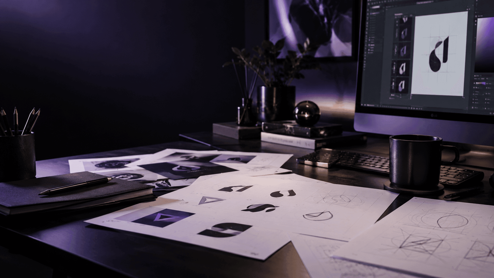 Designer travaillant sur la création d’une identité visuelle et de plusieurs concepts de logo dans un studio de design graphique