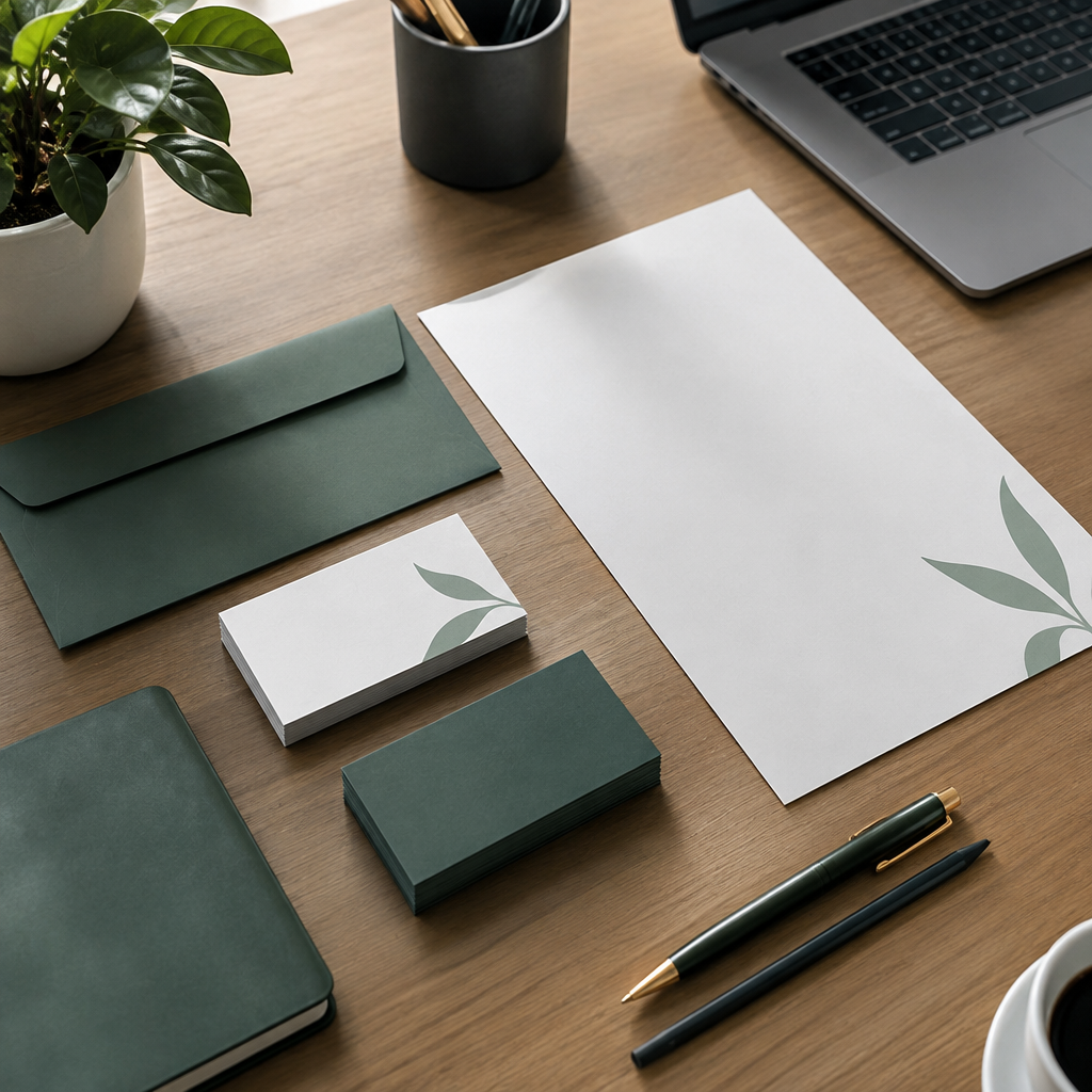 Déclinaison de l'identité visuelle sur supports de papeterie par Blean Studio. Ce mockup réaliste disposé sur un bureau en bois présente une charte graphique élégante aux tons verts et naturels. Il expose un ensemble coordonné incluant des cartes de visite imprimées avec un motif végétal, du papier en-tête assorti, une enveloppe corporative et un carnet, illustrant la conception globale d'une image de marque professionnelle.