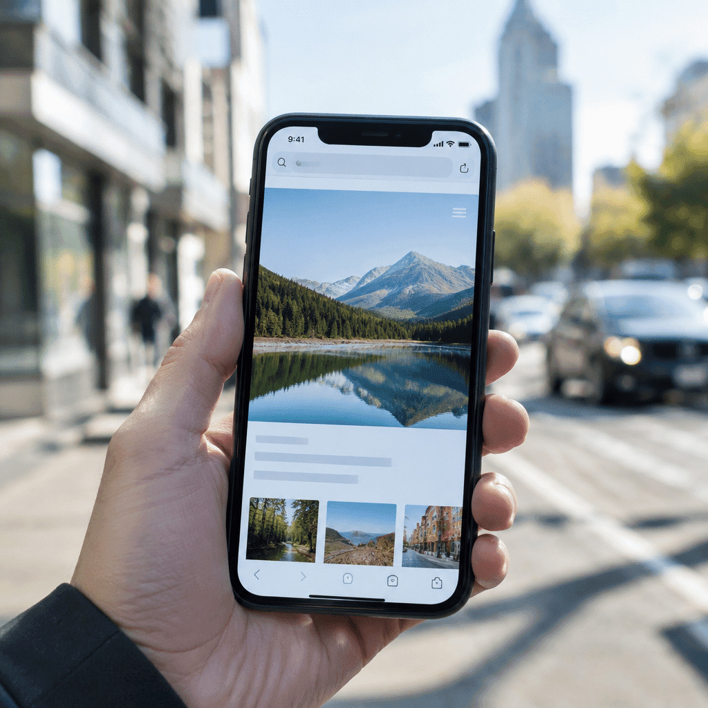 Démonstration de design responsive et création de site web optimisé pour mobile par Blean Studio. Le mockup met en scène une main tenant un smartphone en environnement urbain, naviguant sur l'interface fluide et ergonomique d'un site web qui affiche une galerie photographique de paysages de montagnes.